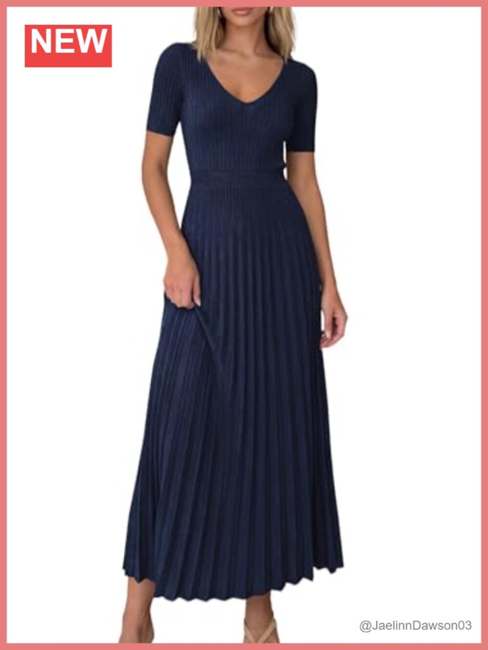 PRETTYGARDEN Women's Summer Midi Pleated Sweater Dress V-Neck Short Sleeve Knit